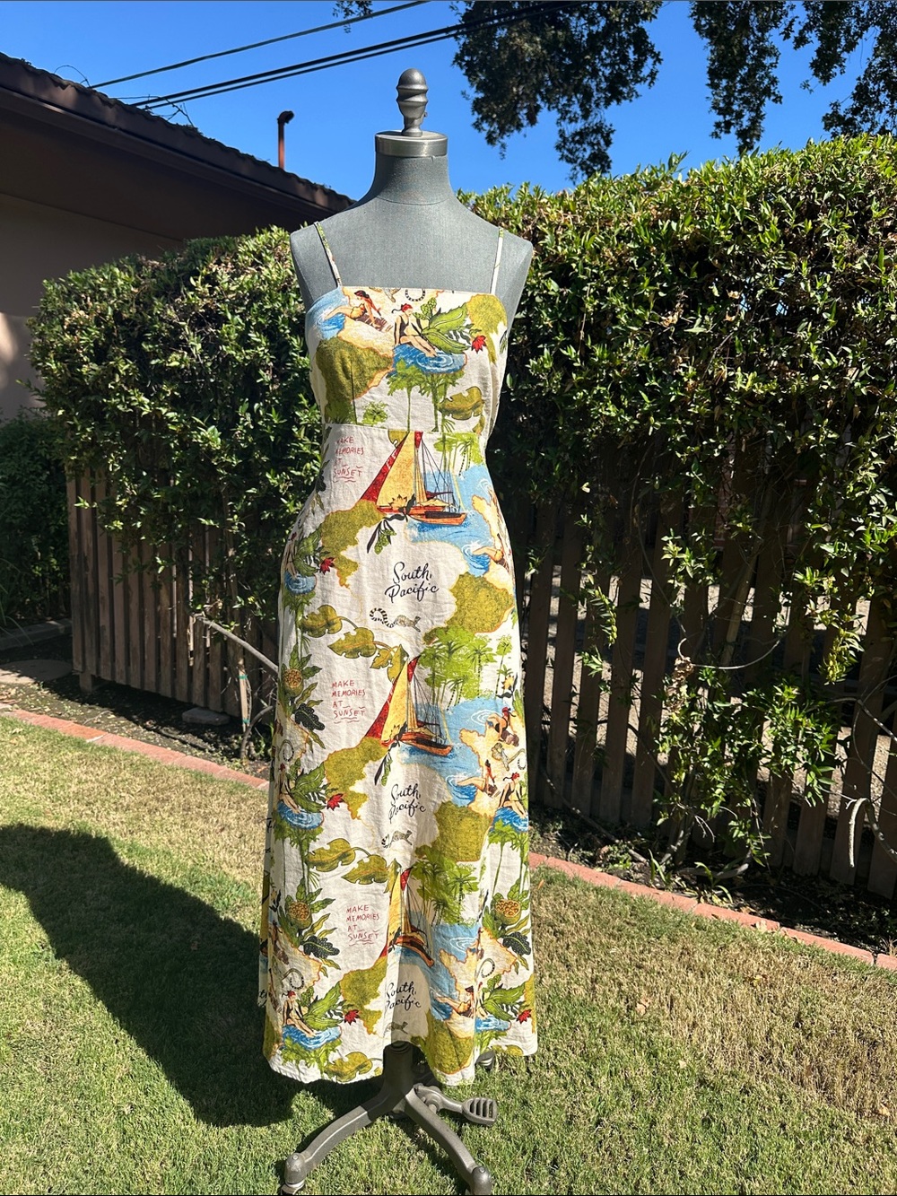 C&C California Sleeveless Maxi Dress in Olive Green & Sky Blue Coastal Print